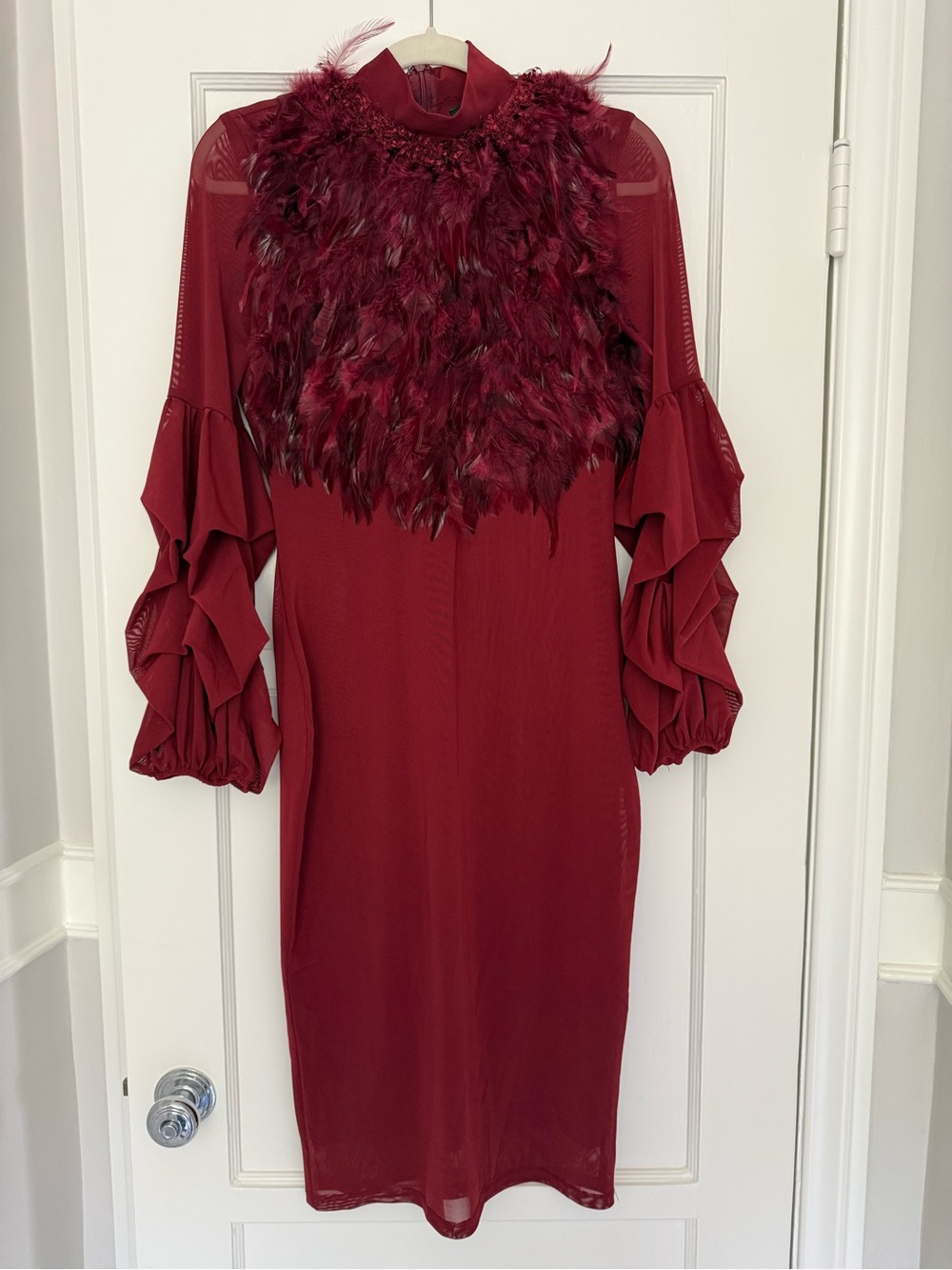 Elegant Burgundy Feather-Trim Midi Dress